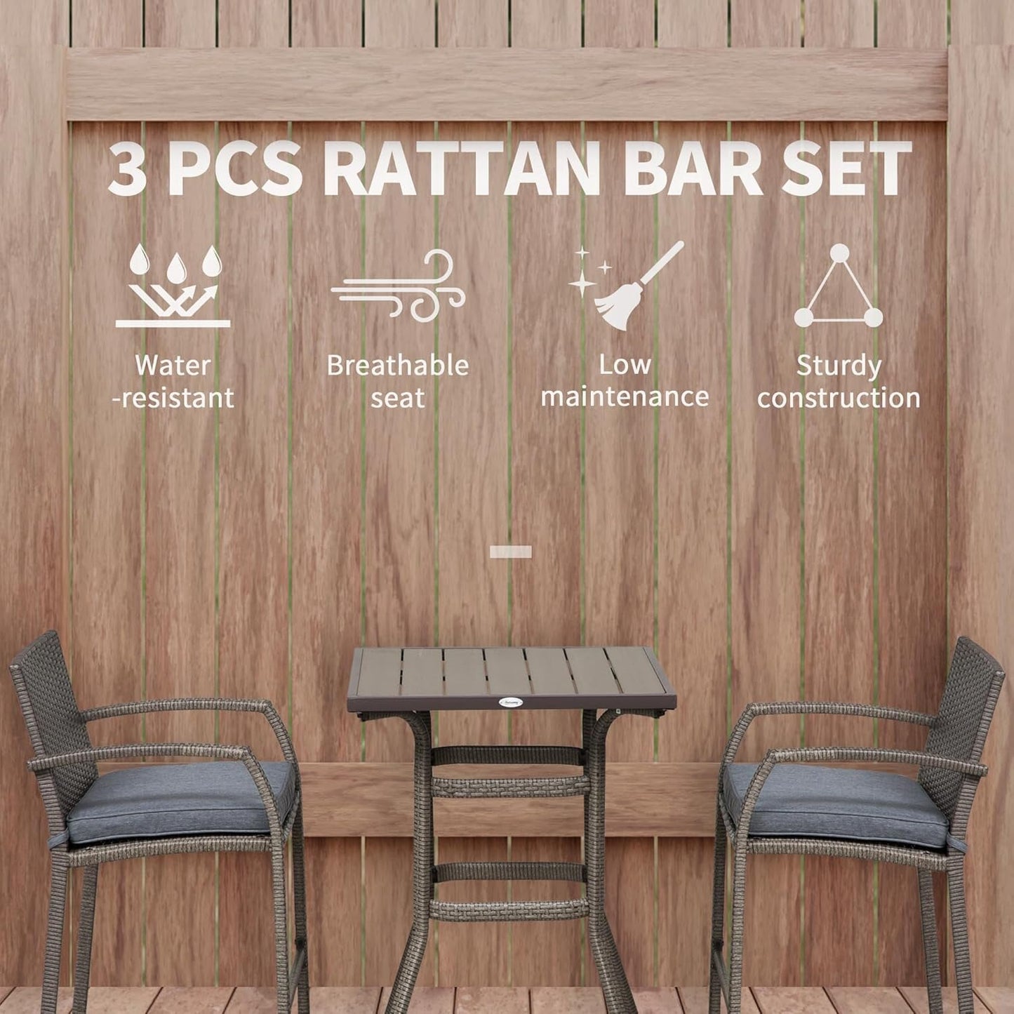 3 PCS Rattan Wicker Bar Set with Wood Grain Top Table and 2 Bar Stools for Outdoor, Patio, Poolside, Garden, Grey-2