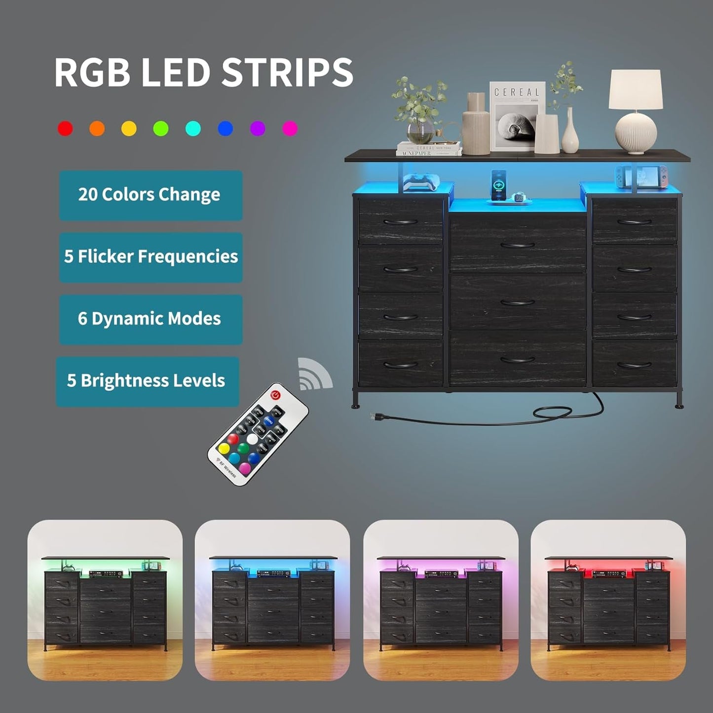 11 Drawers Dresser with Fabric Drawers,Charging Station, LED Lights and Shelves for Bedroom, Living Room, Hallway, Nursery Storage Organization (Black Wood Veins)-4