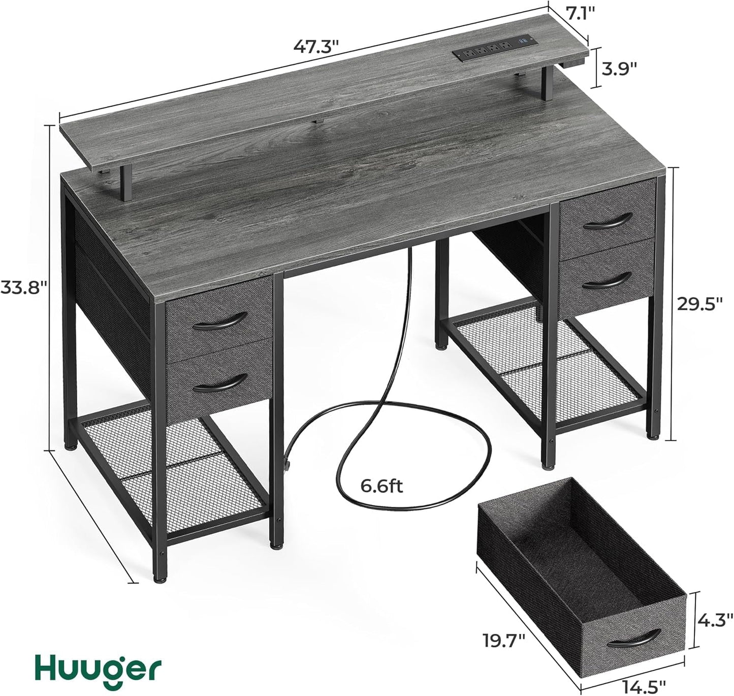 47 Inch Computer Desk with 4 Drawers, Gaming Desk with LED Lights & Power Outlets, Home Office Desk with Large Storage Space for Bedroom, Work from Home, Grey-2