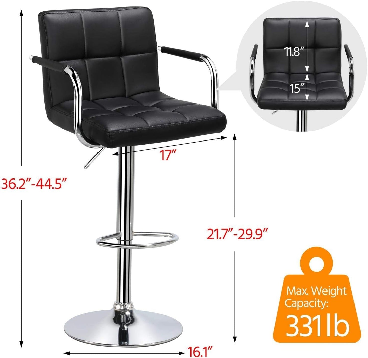 Bar Stools Set of 2, PU Leather Adjustable Swivel Barstools, Hydraulic Kitchen Counter Height Bar Chairs with Armrest and Back for Bar, Kitchen, Dining Room, Black-2