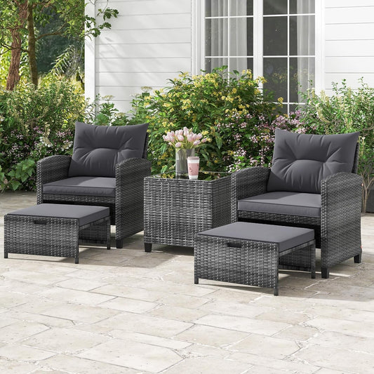 5 Pieces Patio Furniture Set with Ottoman, Wicker Conversation Set W/Cushions, Glass Coffee Table, Outdoor Lounger Rattan Chairs Bistro Set for Porch Balcony Garden Deck Poolside (Grey)-1