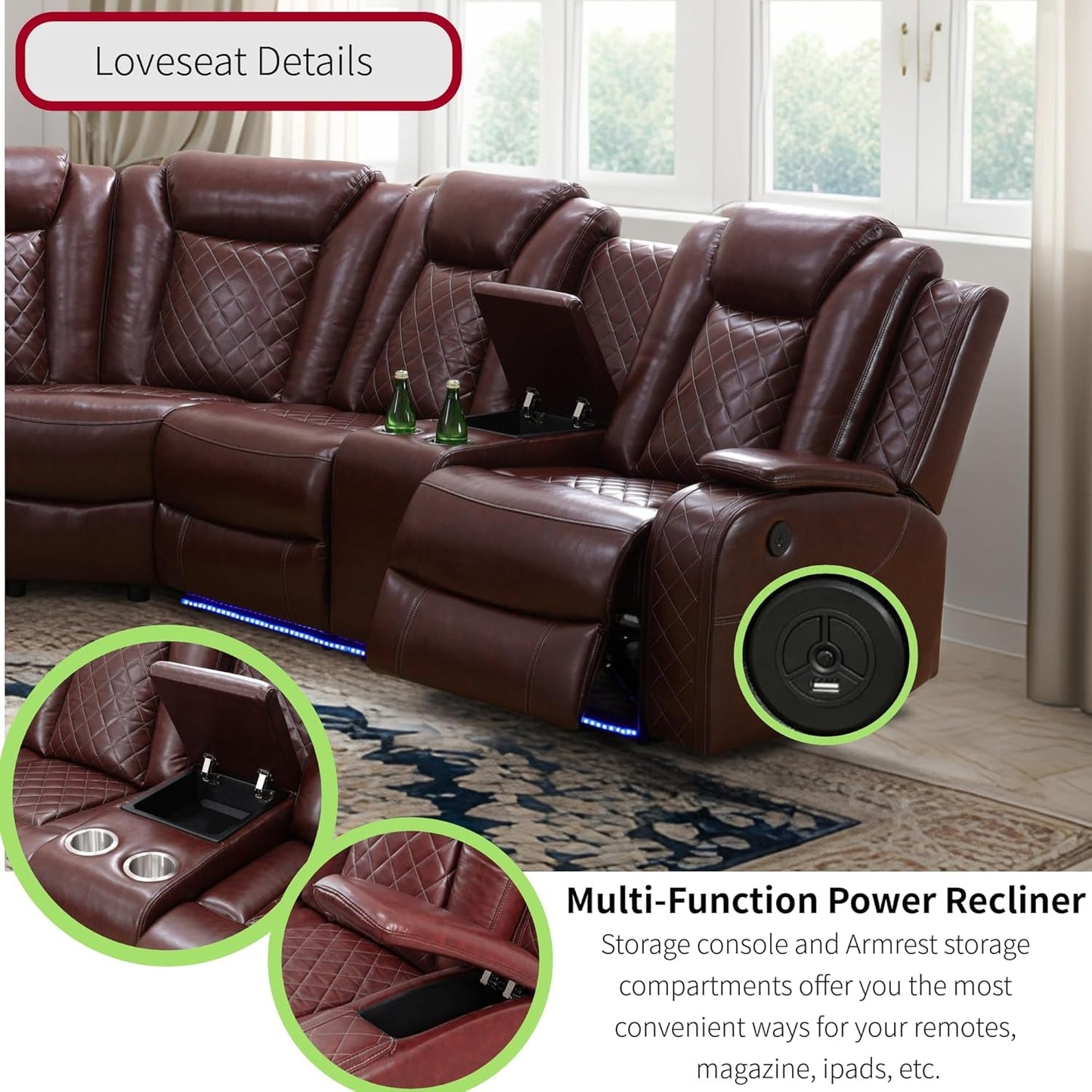 Power Recliner Sofa Sectional Sofa with LED Light for Living Room, Air Leather Reclining Corner Sectional Sofa Set, Cup Holder, Storage Console for Home Theater Seating (Burgundy, Sectional)-3