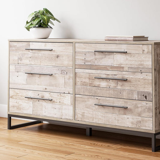 Neilsville Industrial 6 Drawer Dresser, Butcher Block Gray-1