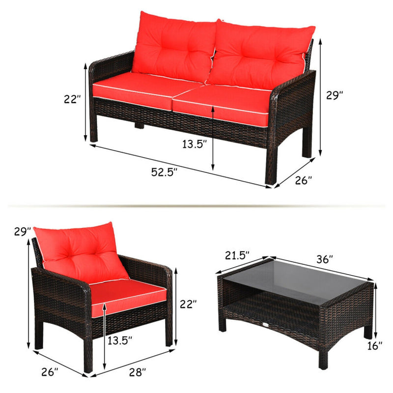 4 Pieces Patio Rattan Sofa Set Free-Combination with Cushion and Coffee Table-3