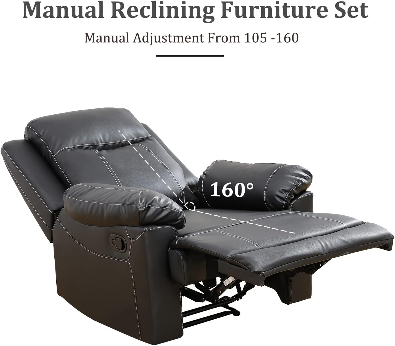 Manual Recliner Sofa Set, Bonded Leather Sofa with Recliners, Reclining Couch Set with Storage Console and Cup-Holders for Living Room/House/Bedroom/Office/Apartment (Black / 3 Pieces Set)-3
