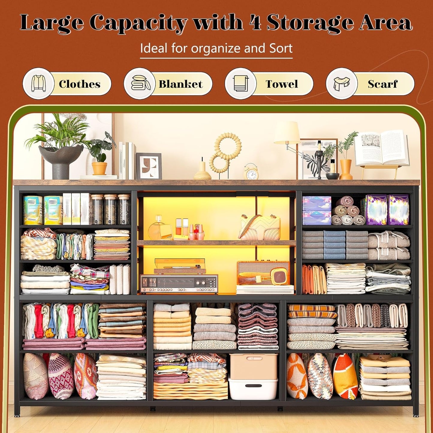 Dresser with LED Lights & Power Outlets, 12 Drawers Dresser TV Stand for 60''TV for Bedroom Dresser Fabric Dressers & Chest of Drawers, Sturdy Long Dresser for Closet Living Room,Hallway-4