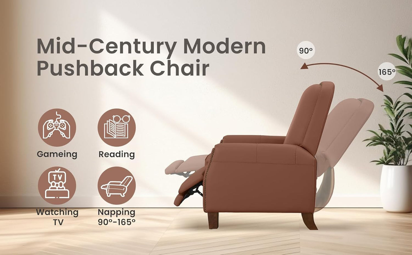 Pushback Chair, Mid-Century Modern Faux Leather Recliner Chair for Bedroom, Adjustable Single Upholstered Sofa with Brass Nailhead Trim, Recliners Armchair for Living Room, Brown-4