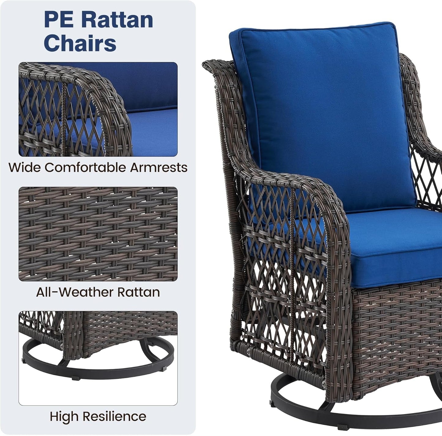 3 Piece Outdoor Patio Set, Wicker Rocking Bistro Set with 2 Swivel Chairs & Tempered Glass Top Table, Rattan Outdoor Furniture with Cushions for Patio Porch Backyard-4