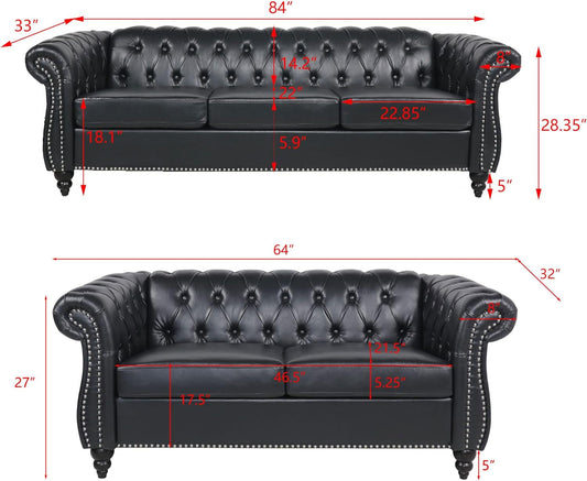 Black Faux Leather Chesterfield Sofa Set 3-Seater & Loveseat-1