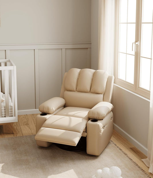 Leather Recliner Chair, Manual Recliner W/Comfortable Arms and Cup Holders for Living Room CF8011 - Beige, Medium-1