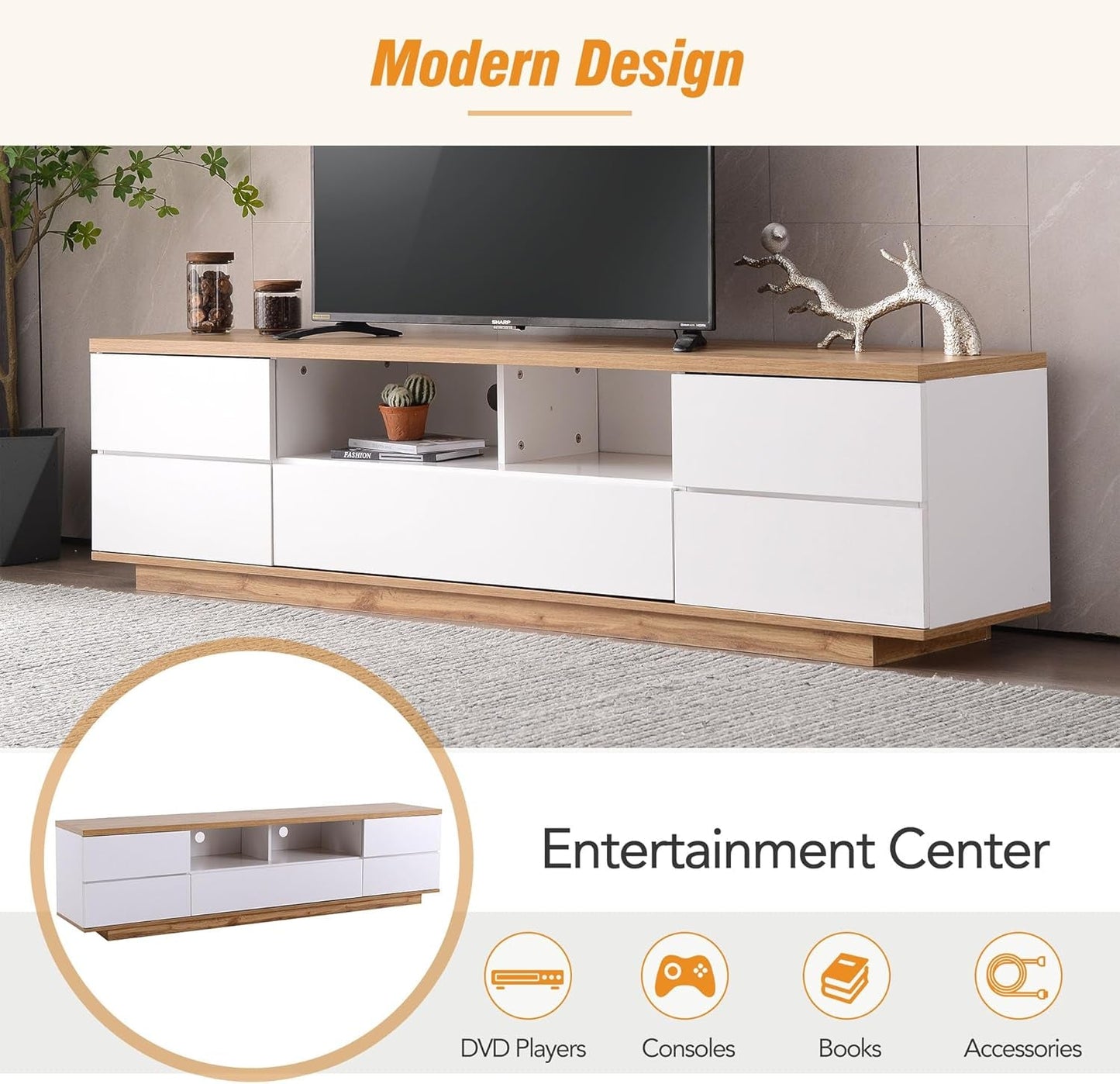 Wood TV Stand Entertainment Center with Storage Cabinets & Open Shelves, Modern TV Console Table for Tvs up to 80” for Living Room Bedroom (White)-3