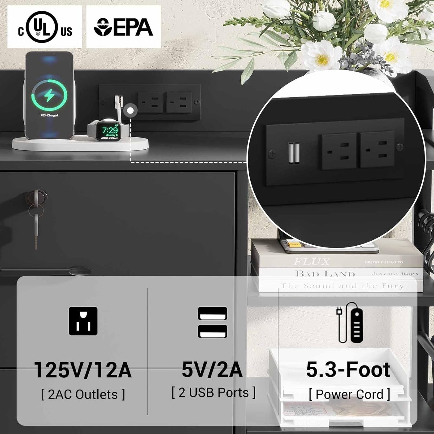 44" File Cabinet, Filing Cabinets Fits Legal, Letter, A4 Size, 2 Drawer Office File Cabinet for Home Office with Lock, Power Strip, 6 Adjustable Shelves & 4 Hooks, Black-4