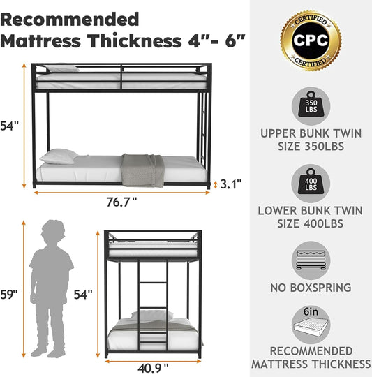 Twin over Twin Bunk Bed, Metal Low Profile Bunkbeds with Full-Length Guardrail and Ladder, Space Saving, No Boxing Spring Needed, Black-1
