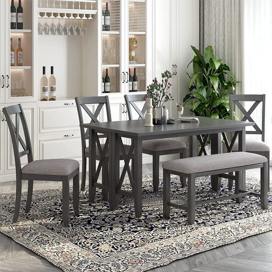 6 Piece Foldable Dining Set for 6 with Bench, Gray-1