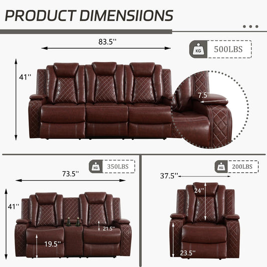 Power Recliner Sofa Set with LED, Leather Reclining Sofa Set, Living Room Furniture Set with USB Charging (3 Pieces Leather Couch Set, Garnet)-1