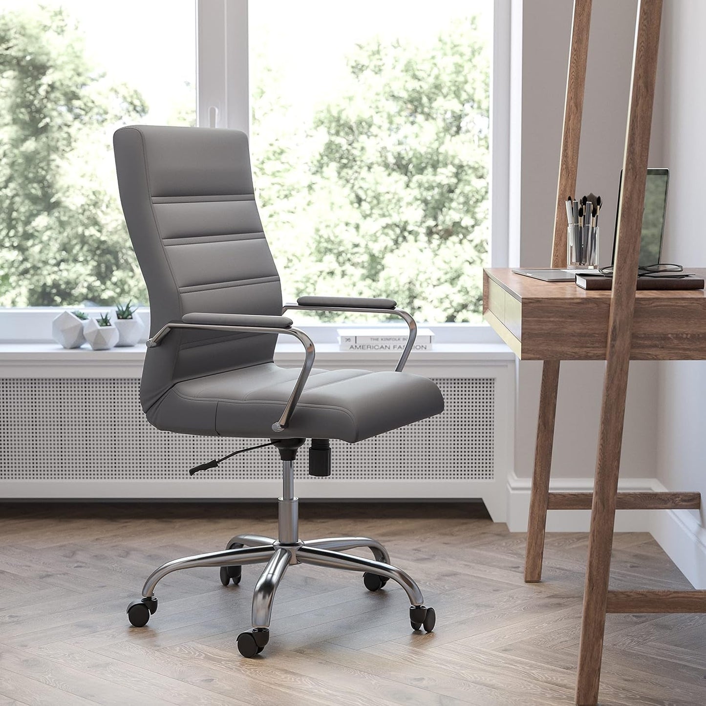 Whitney High-Back Swivel Leathersoft Desk Chair with Padded Seat and Armrests, Adjustable Height Padded Office Chair, Gray/Chrome-1