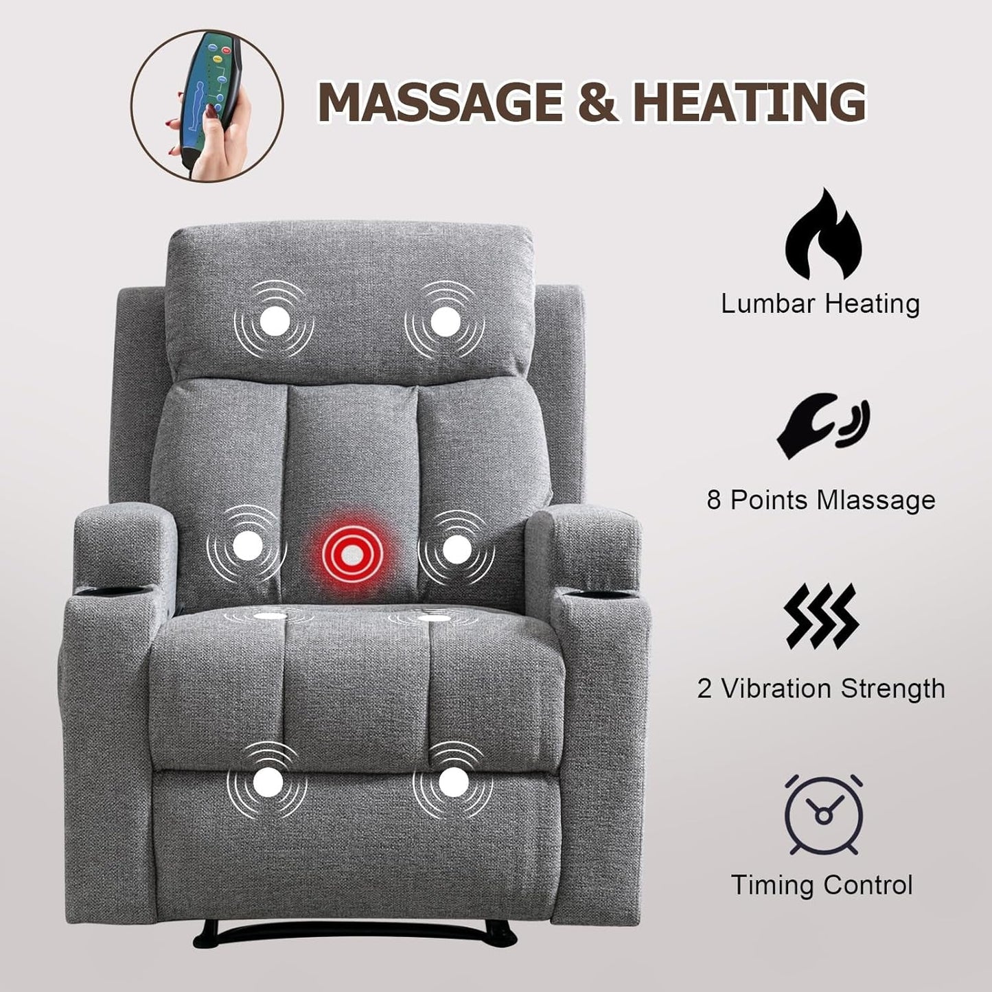Manual Recliner Chair with Massage and Heat for Living Room Overstuffed Breathable Fabric Reclining Chair with 2 Side Pockets, 2 Cup Holders, Remote Control, Gray-3