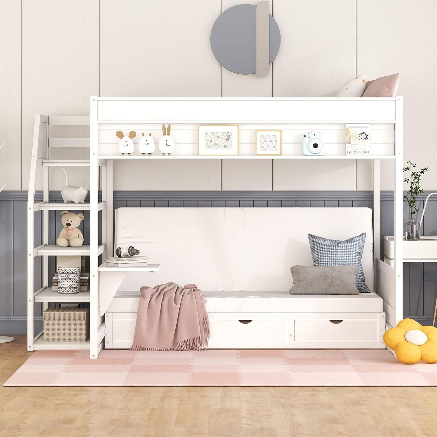 Full over Full/Futon Bunk Beds with Stairs and 3 Drawers, Built-In Shelf, Bottom Bed Can Be Converted into Daybed, Solid Wood Bunk Bed Frame (White)-4