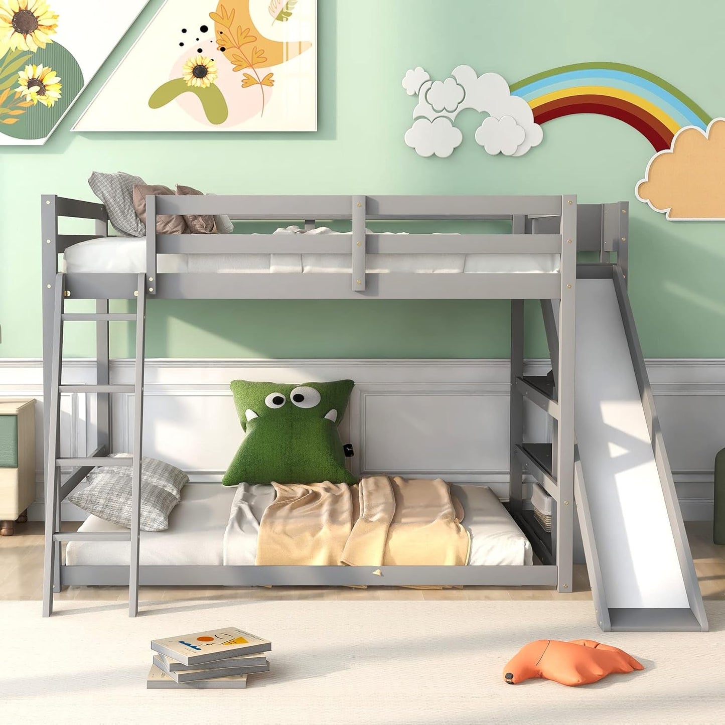 Full over Full Bunk Bed with Slide, Bookshelves and Ladders, Solid Wood Floor Bunk Loft Bed Frame for Kids Girls Boys (Gray)-3