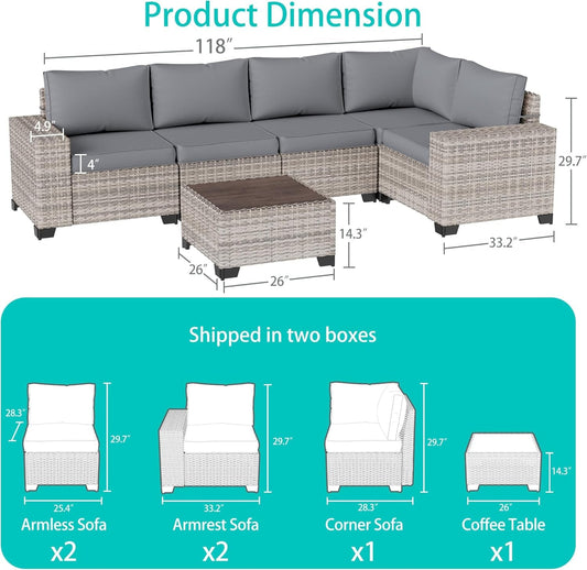 6-Piece Outdoor Patio Furniture Set Wicker Sectional Sofa Set, Patio Conversation Set with Thickened Cushions & Coffee Table for Garden, Backyard, Poolside, Grey-1