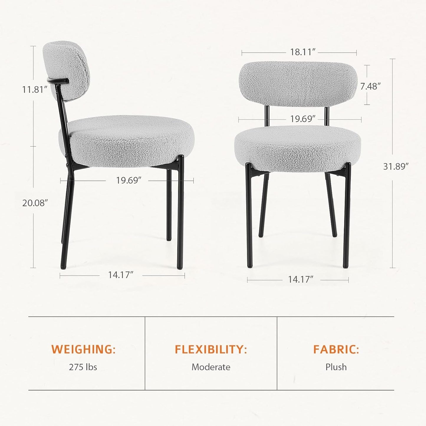 Dining Chairs Set of 4, Boucle Upholstered Kitchen Chairs with Curved Backrest & Metal Legs, Mid Century Modern round Dining Room Chairs for Vanity, Living Room - Grey-2