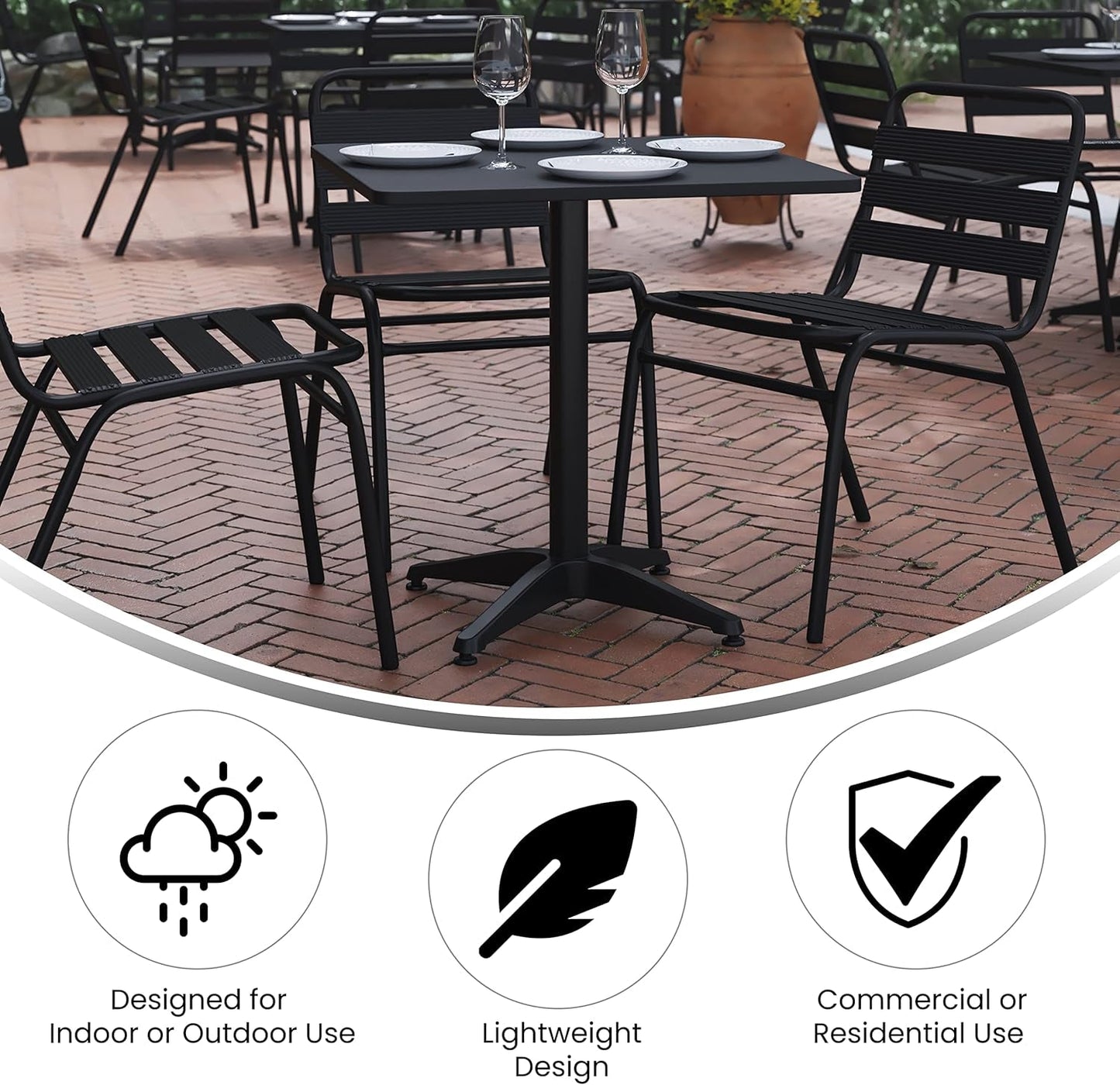 Rhea 27.5" Square Glass Metal Table with 4 Slat Back Chairs - Black - 5 Piece Patio Set - All-Weather for Indoor/Outdoor Use-4