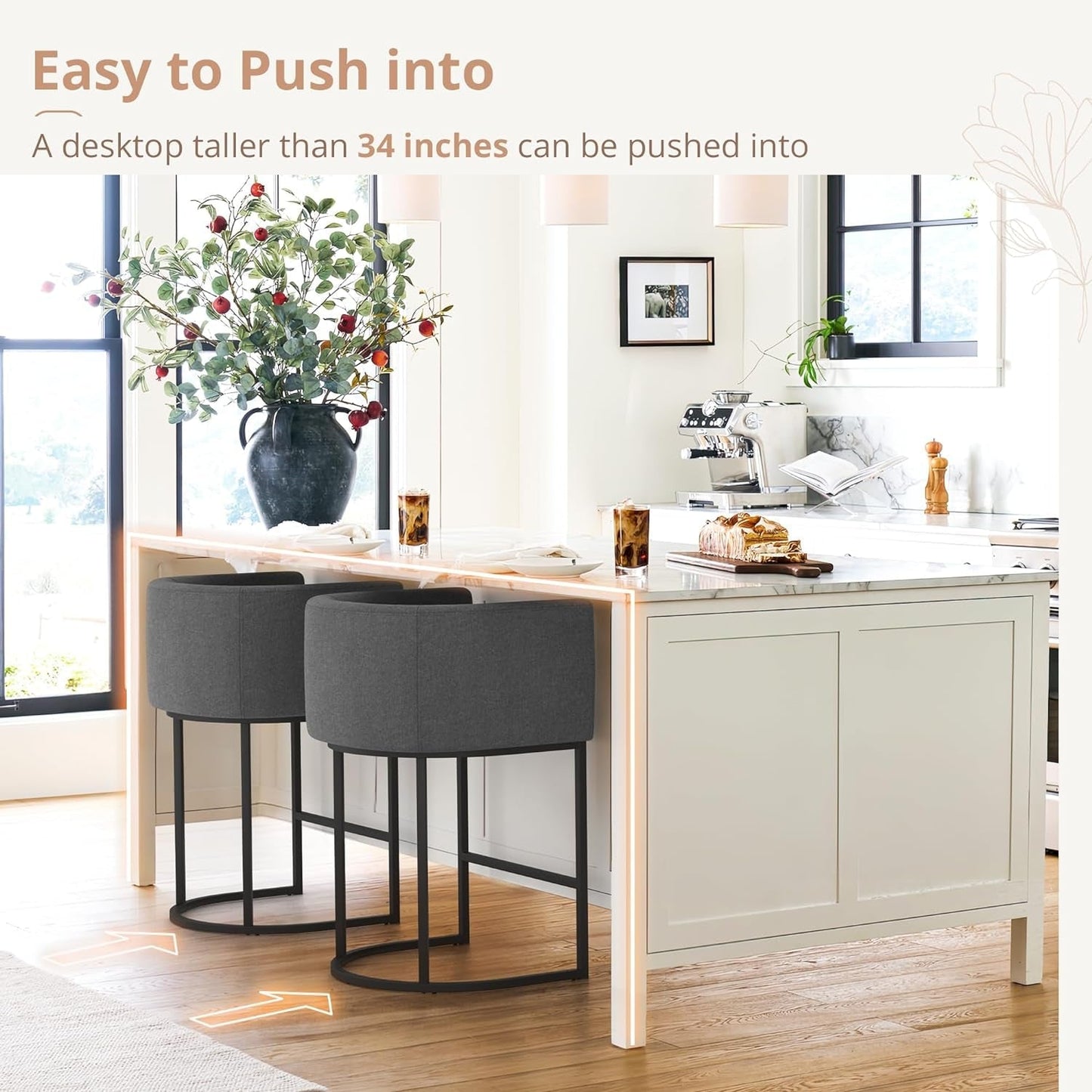 27" H Counter Height Bar Stools, Modern Barrel Counter Stools with Backrest and Arms, Black Metal Frames, Linen Fabric Upholstered Accent Barstools for Kitchen Island, Carbon Gray-3