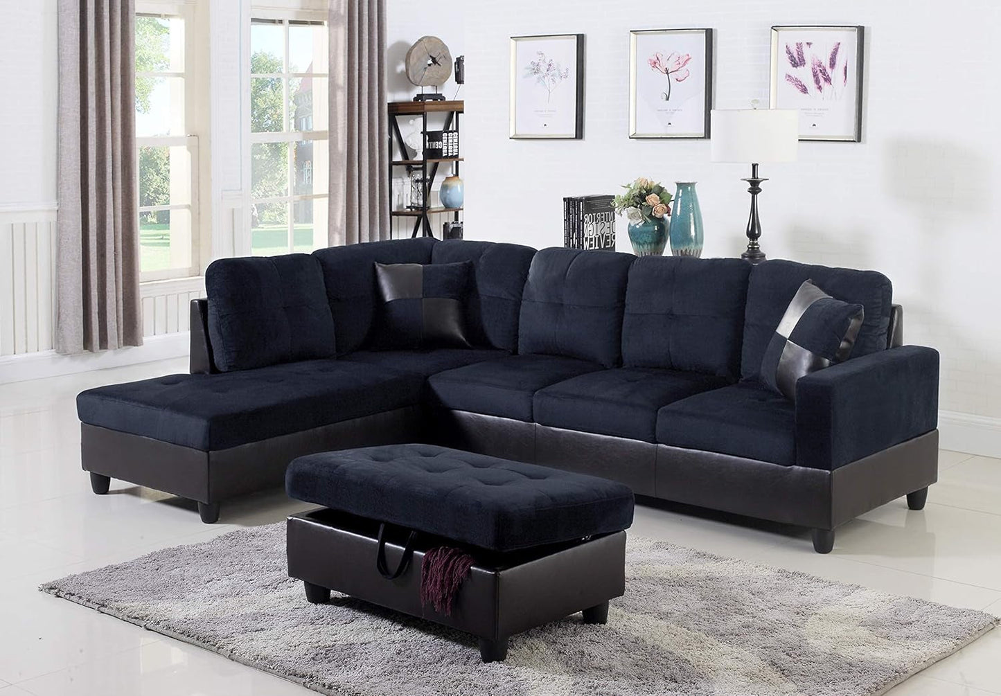 3-Piece Contemporary Sectional Sofa with Chaise and Storage Ottoman for Living Room Furniture | Faux Leather & Microfiber Upholstery | Removable High Density Memory Foam Cushions (Blue,Left-Facing)-0