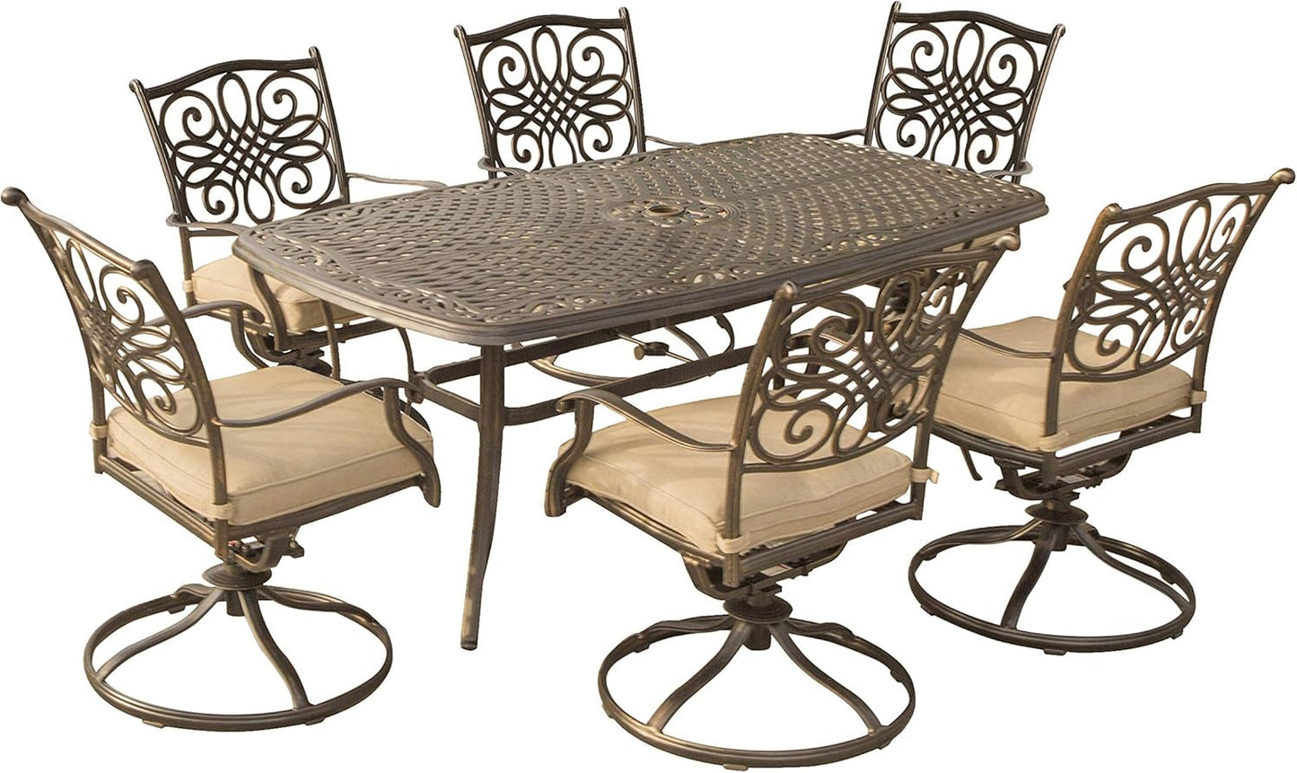 Traditions 7-Piece Patio Dining Set with 6 Swivel Rocker Chairs, Tan Cushions and Large 38"X72" Dining Table, Outdoor Dining Set for 6, Premium Weather Resistant Patio Furniture-0
