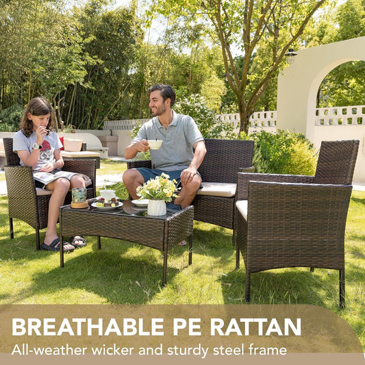 4 Pieces Outdoor Patio Furniture Set, PE Rattan Wicker Chairs Balcony Lawn Porch Patio Furniture Sets with Beige Cushion and Table (Brown)-1