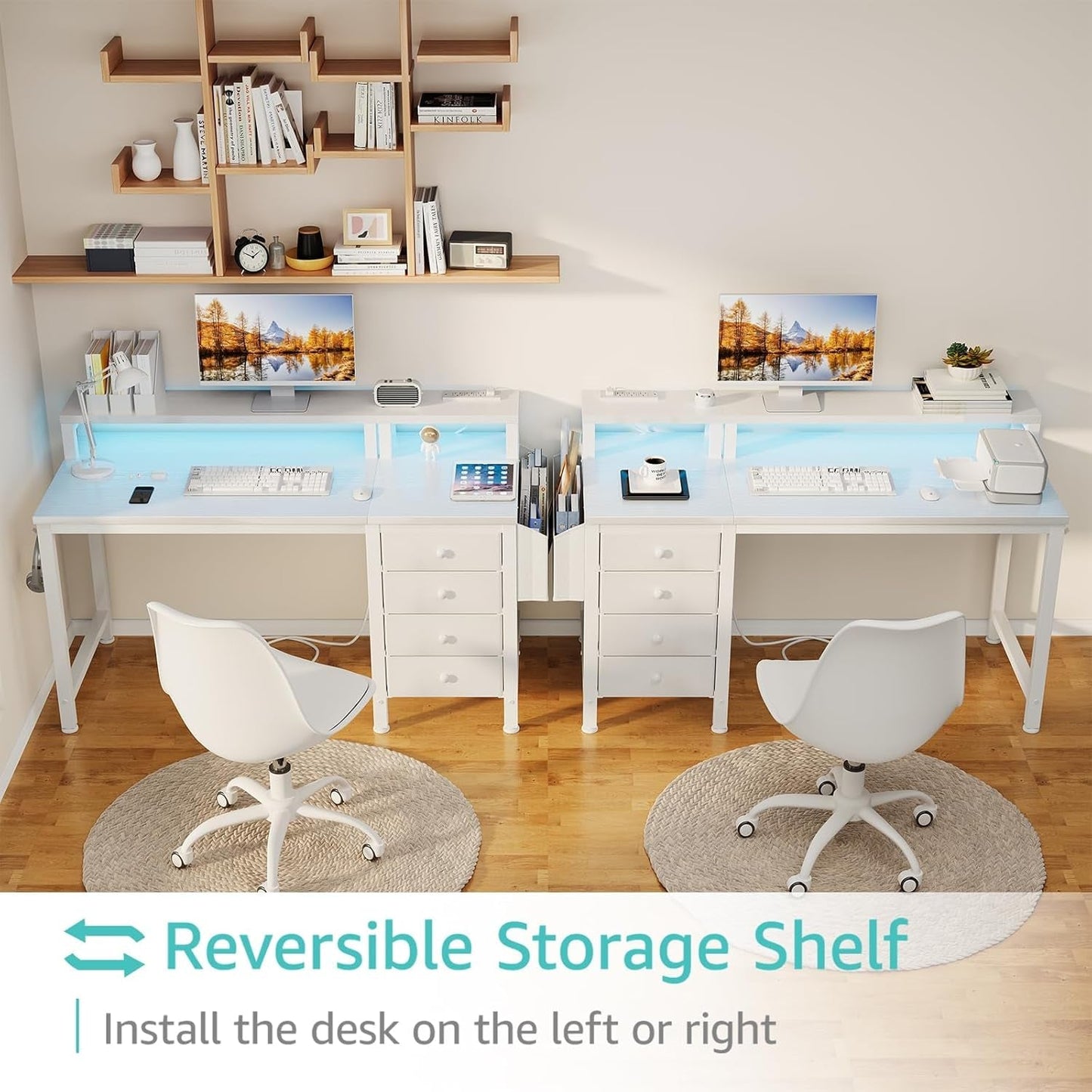 White Desk with 4 Drawers - 47 Inch Gaming Desk with Monitor Stand, Computer Gaming Desk with LED Lights Power Outlets and Storage Bag Fabric Drawer for Home Office, Bedroom, White-4