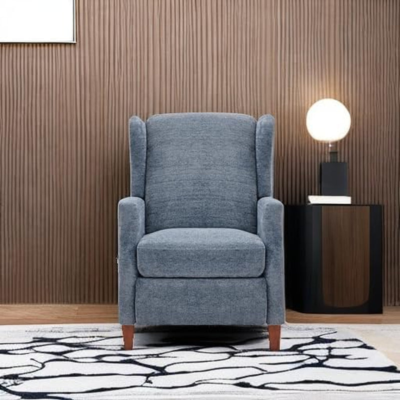 Wingback Pushback Recliner Chair with Storage Pocket, Upholstered Fabric Living Room Chair Armchair with Wood Legs and Nailhead Trim, Darkblue-4