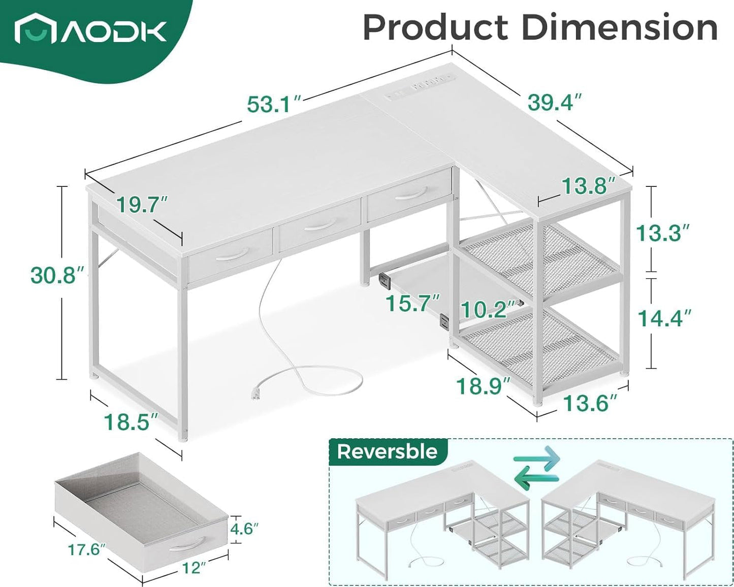 53 Inch L Shaped Computer Desk with Drawers, Corner Desk with Power Outlets & Reversible Storage Shelves, Movable CPU Stand for Home Office Gaming, White-2