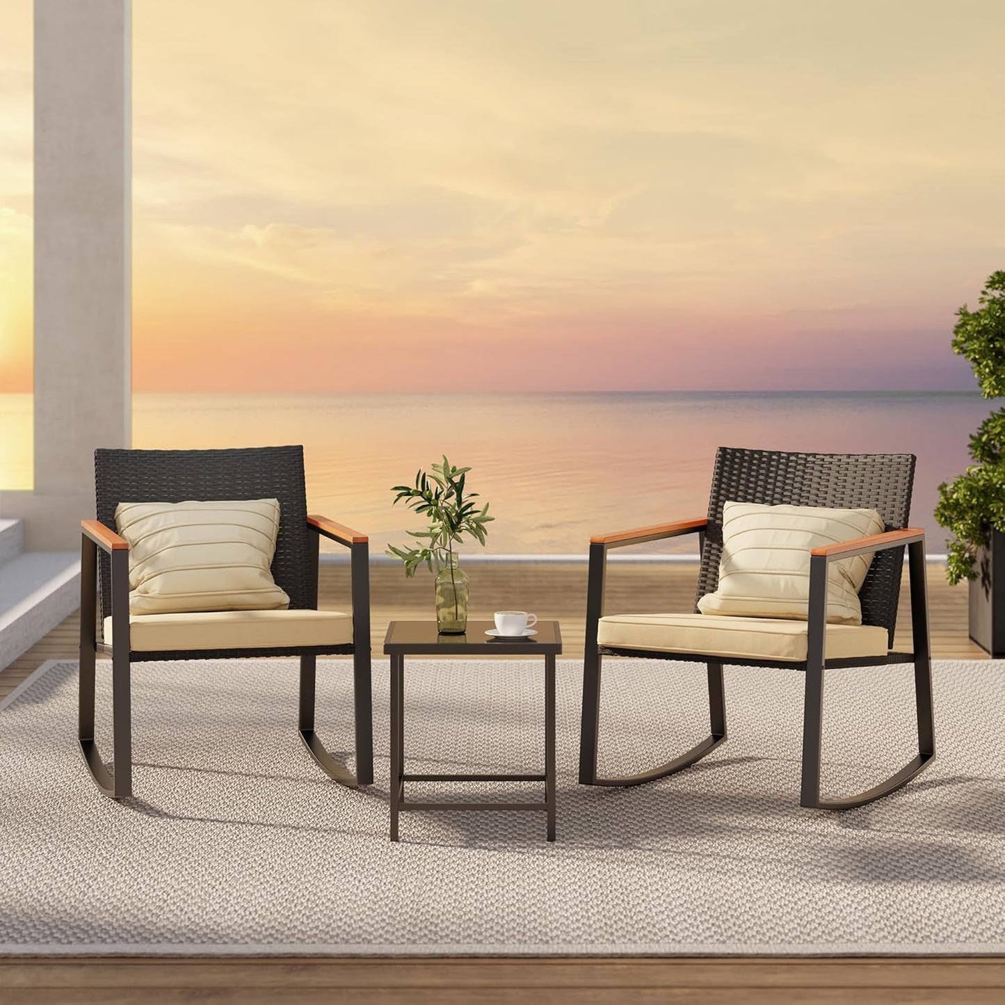 3 Pieces Rocking Patio Bistro Set with Anti-Scald Armrest, Outdoor Patio Wicker Furniture Set with Glass Table and Cushion for Garden, Yard, Porch-2