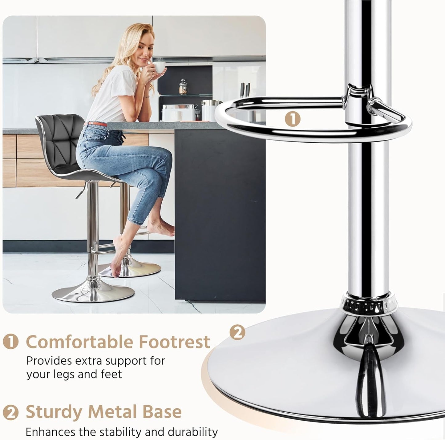 Bar Stools, Stylish Adjustable PU Leather Swivel Barstools, Counter Height Bar Chair Set of 2 with Foma Padded for Home Kitchen, Grey-4