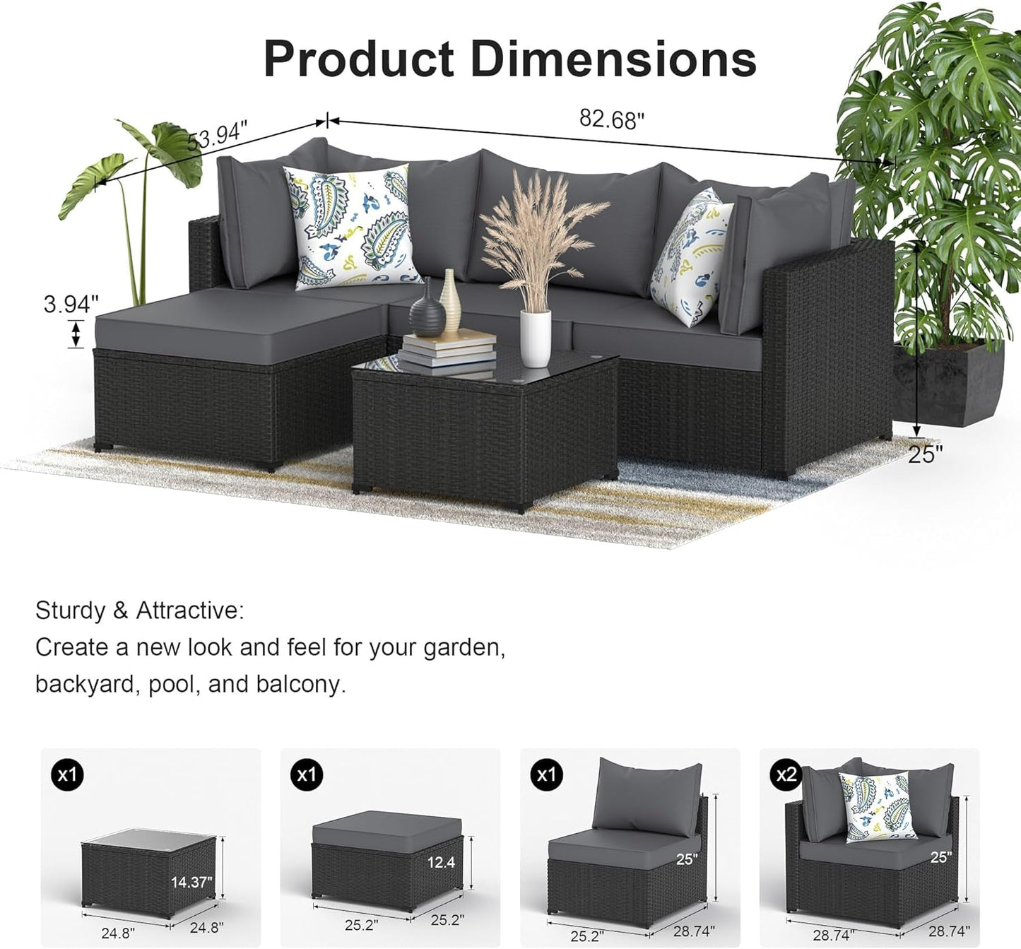 Patio Furniture Set, 5PCS Outdoor Conversation Sets Waterproof Rattan Sectional Sofa with 4” Thickened Cushion Modular Wicker Patio Furniture Set with Glass Top Table for Balcony, Backyard (Grey)-2