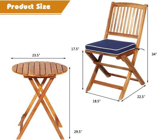 3Pcs Patio Bistro Set, Wood Folding Table Set, 2 Cushioned Chairs for Garden Yard, Outdoor Furniture round Table (Natural & Navy Blue)-1