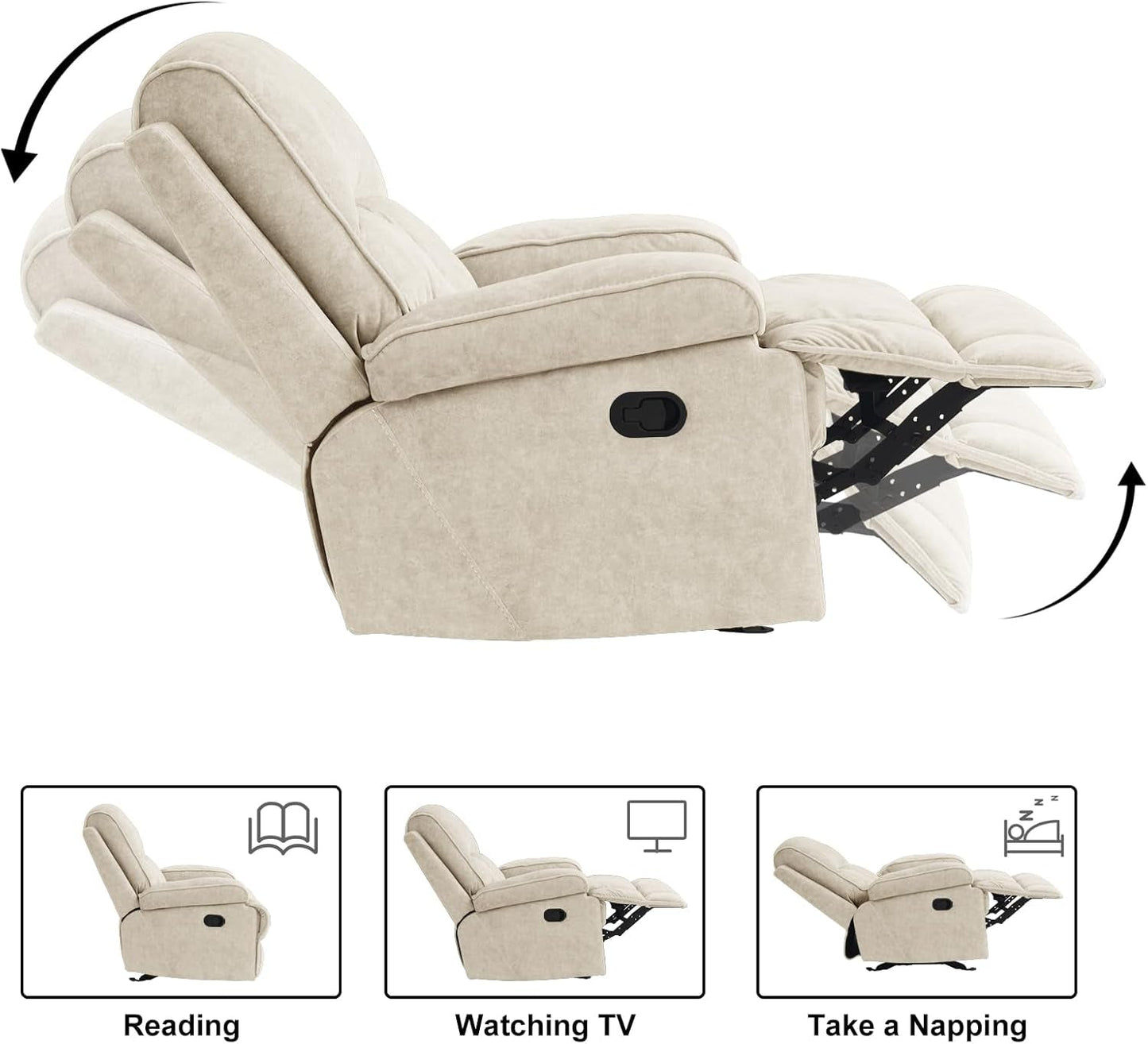 Rocker Recliner Chair for Adults, Manual Glider Chair for Nursery, Reclining Single Sofa Chair for Living Room, Upholstered Fabric Armchair, High Back, Deep Seat, Beige-3