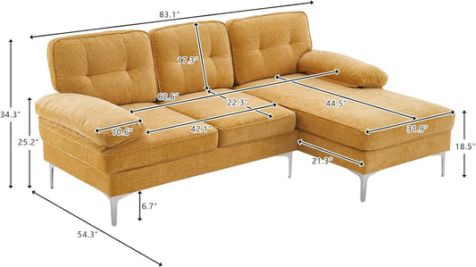 Sectional Sofa 83" L-Shape Sofa Couch 3-Seat Couch with Chaise Chenillefabric Upholstered for Living Room, Apartment, Office, Yellow-1