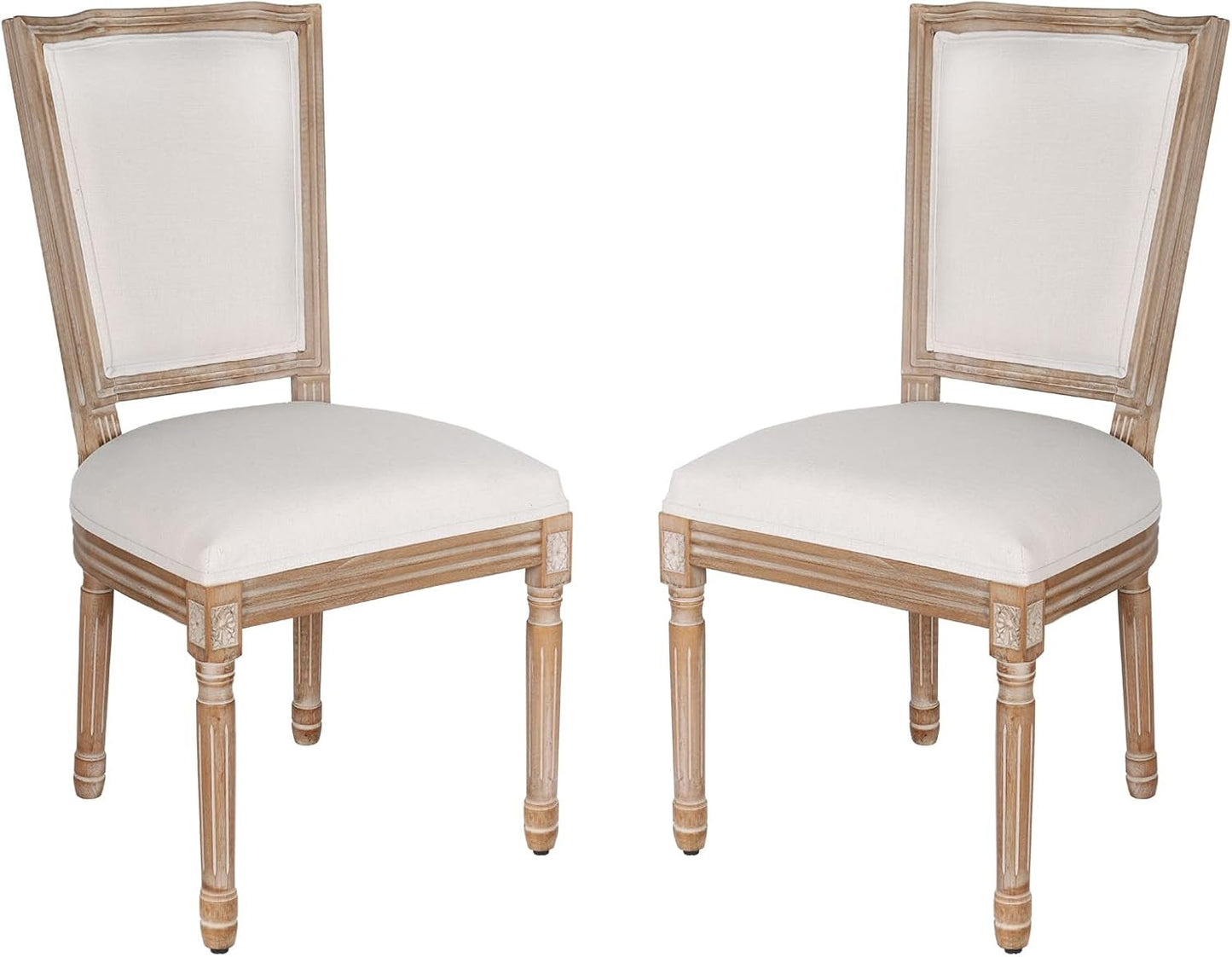 Dining Chairs Set of 2 Beige Fabric Square Back with Solid Wood Legs and Frame for French Country Kitchen Dining Room-0