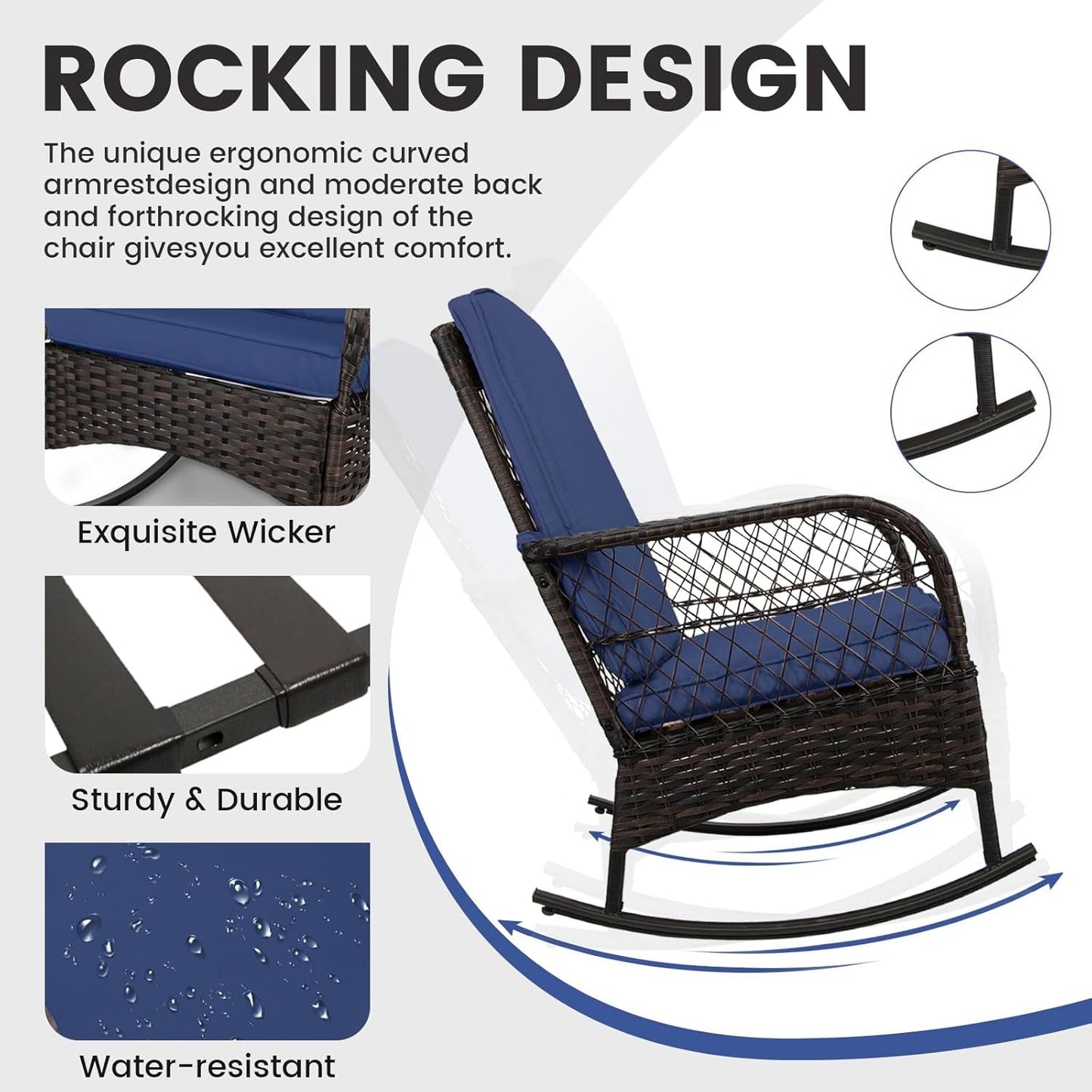 3 Pcs Rocking Bistro Set Conversation Chairs with Arm Rest, Cushion Availability PE Wicker Outdoor Rocking Chairs for Relaxing(Dark Blue)-2