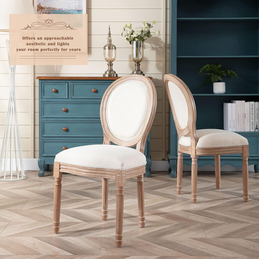 French Country Dining Chairs Set of 4, Farmhouse Fabric Chairs with round Back, Solid Wood Legs, Oval Side Chairs for Kitchen/Bedroom/Dining Room-1
