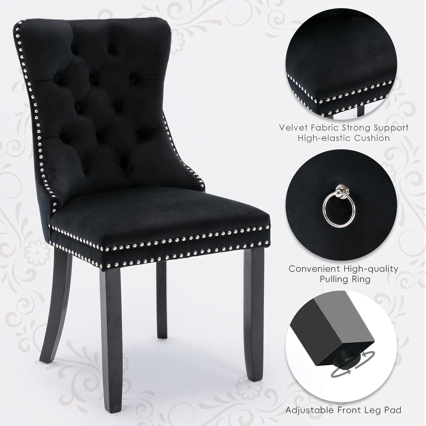 Velvet Upholstered Dining Chairs Set of 4, Modern Style Kitchen Side Chairs with Nailhead Trim and Wood Legs,Metal Pulling Ring for Dining Room Living Room(Black,Set of 4)-4