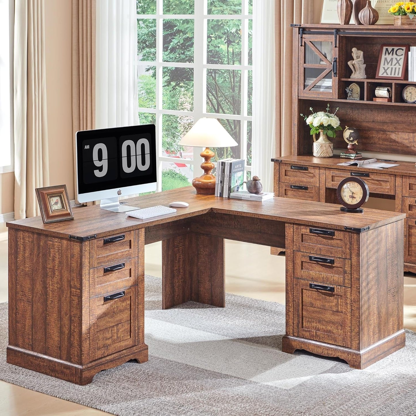 60" Farmhouse L Shaped Executive Desk with Drawers, Wood Home Office Corner Desk with Charging Station, File Drawer, Storage Cabinet, Rustic Computer Writing Desk (Reclaimed Barnwood)-0
