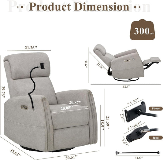 Power Recliner Chairs Swivel Glider Rocker for Nursery, Upholstered Fabric Living Room Rocking Reclining Single Sofa Chair with 2 Device Holders, Dove Grey, Set of 2-1