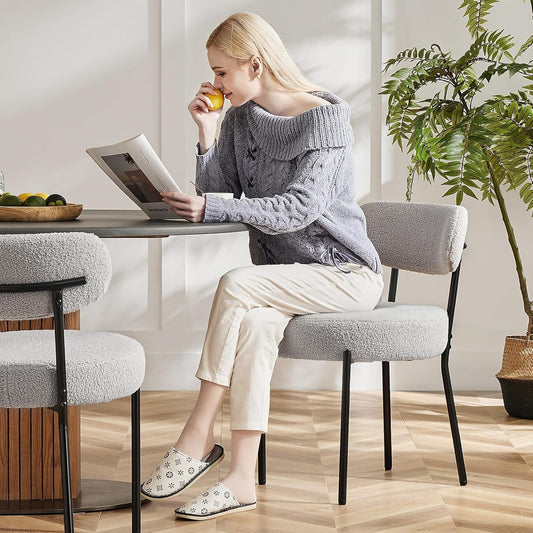 Dining Chairs Set of 4, Boucle Upholstered Kitchen Chairs with Curved Backrest & Metal Legs, Mid Century Modern round Dining Room Chairs for Vanity, Living Room - Grey-1