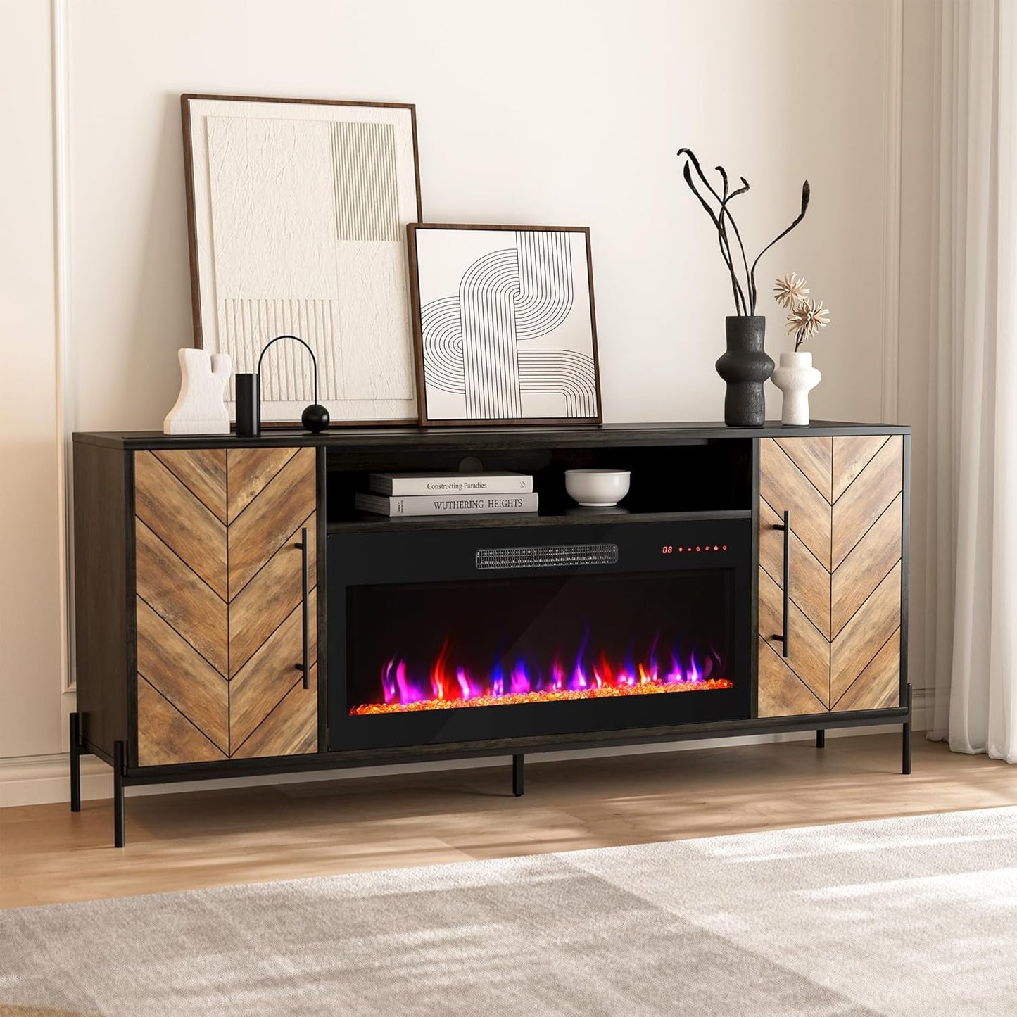 68" TV Stand with 36" Electric Fireplace Heater, Entertainment Center with Storage Cabinet, Console Table for Tvs up to 75" for Living Room, Bedroom - Harper (Black Ebony)-1