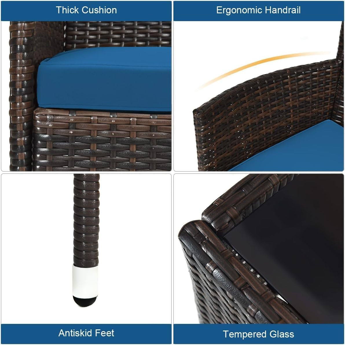 4 Piece Rattan Patio Furniture Set, Sectional Sofa Chair, Wicker Set with Tempered Glass Coffee Table & Thick Cushions, Wicker Patio Set for Garden, Lawn, Poolside, Backyard (Peacock Blue)-2