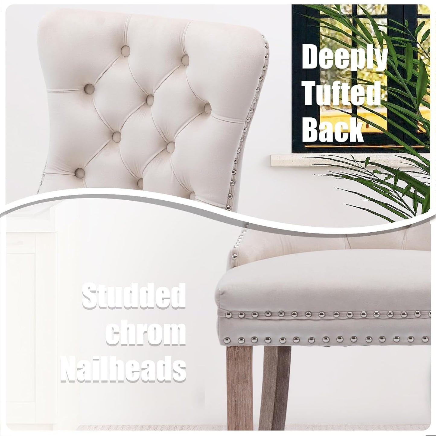 Velvet Dining Chairs Set of 6, Tall Back Side Chair, Modern Upholstered High-End Tufted Side Chair with Button Back Ring, Solid Wood Legs (Beige)-3