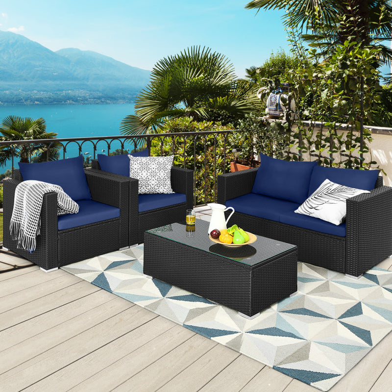4 Pieces Patio Rattan Conversation Set with Padded Cushions-0